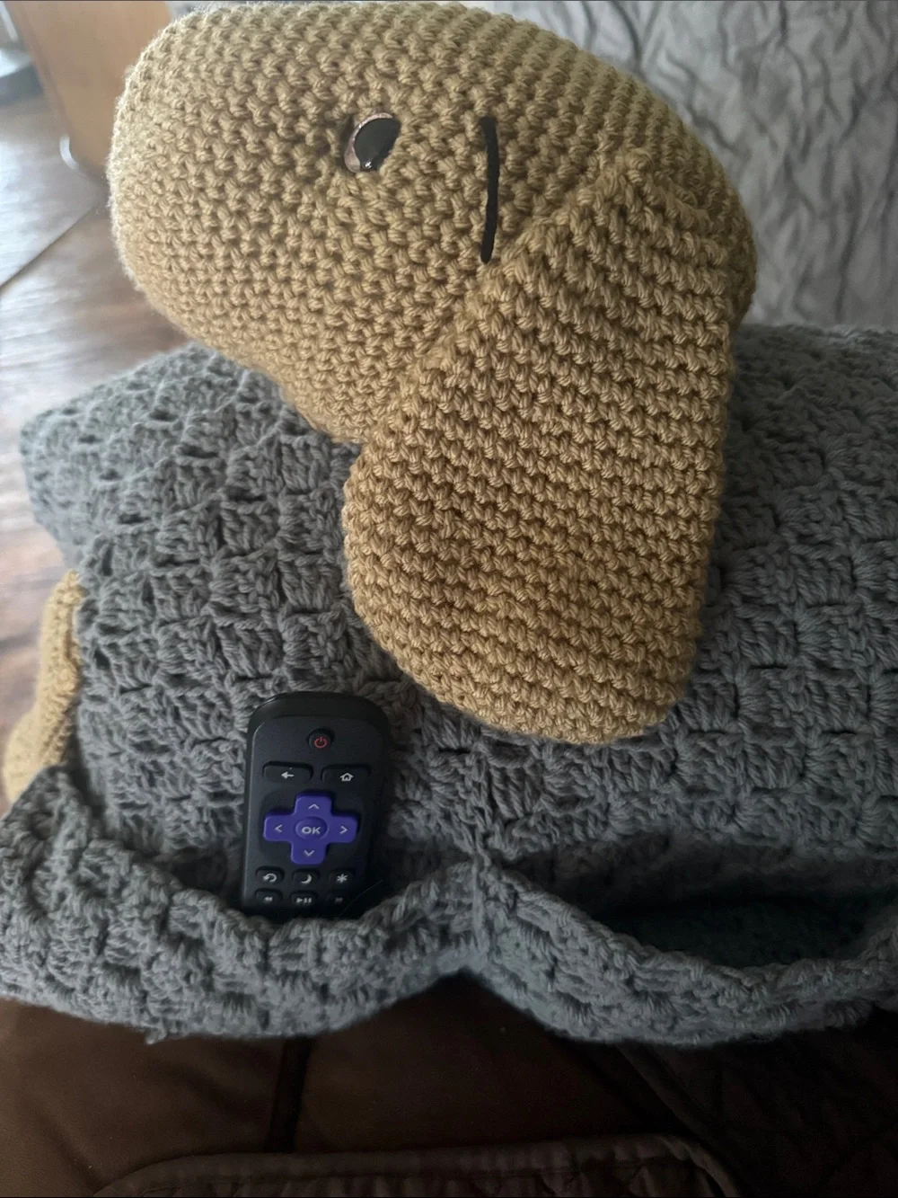 Handmade Crochet Dog Pillow Plush in Gray and Tan - Pet Decor